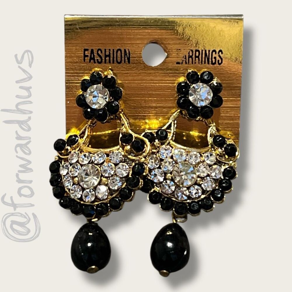 Gold Tone Chandbali‑Style Earrings with Black and Clear Stones – 2”